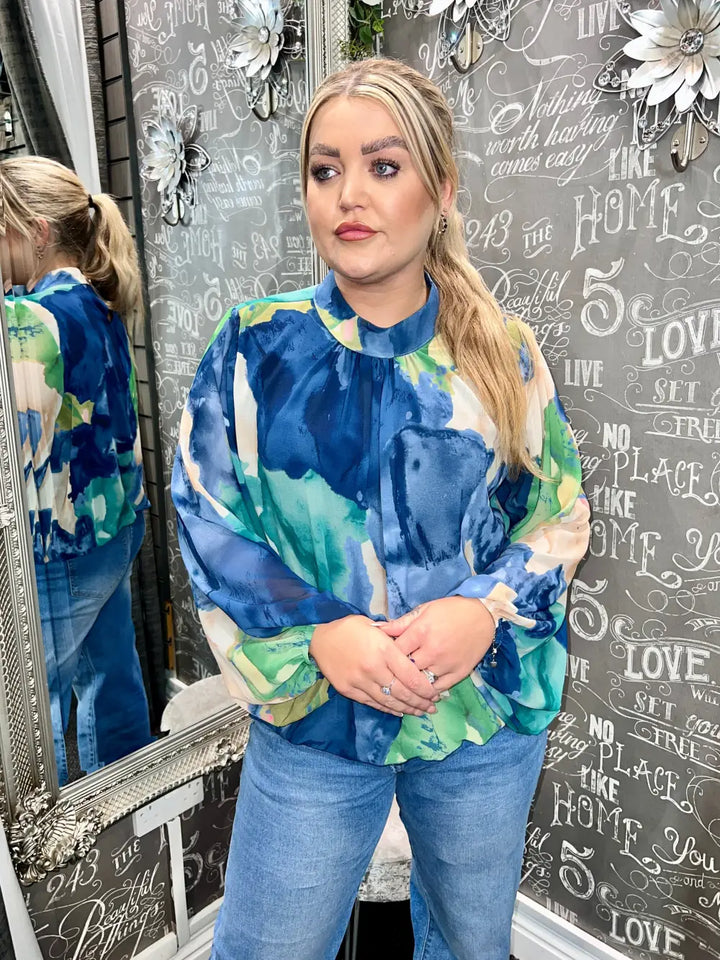 Andi Abstract Bubblehem Blouse NAVY - Blouse