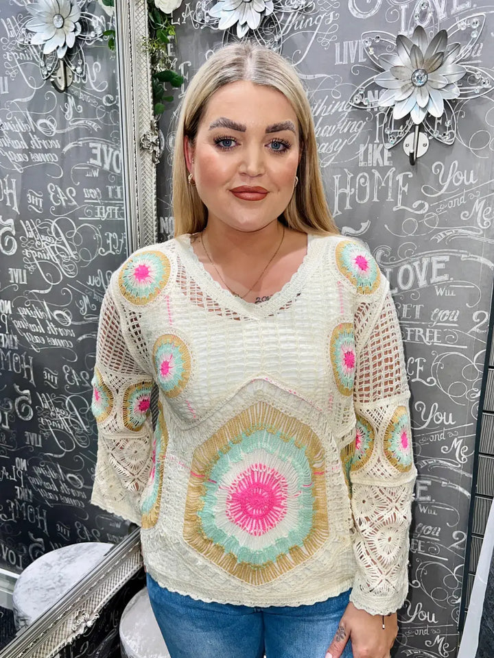 Andii V-Neck Crochet Jumper FUSCHIA