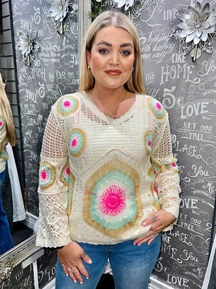 Andii V-Neck Crochet Jumper FUSCHIA