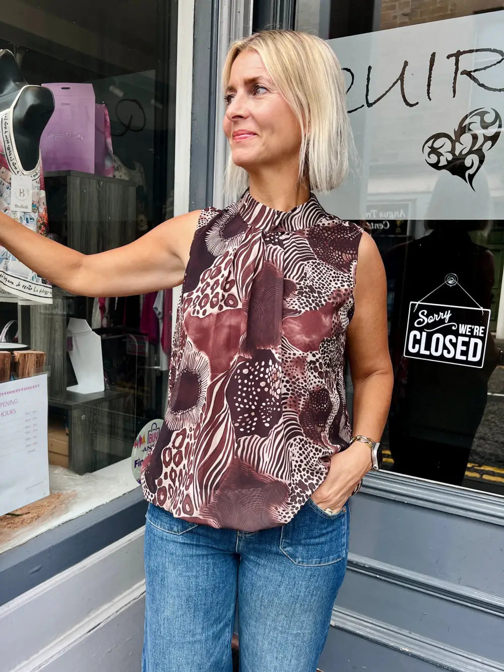 Animal Print Bubble Hem Sleeveless Blouse BROWN