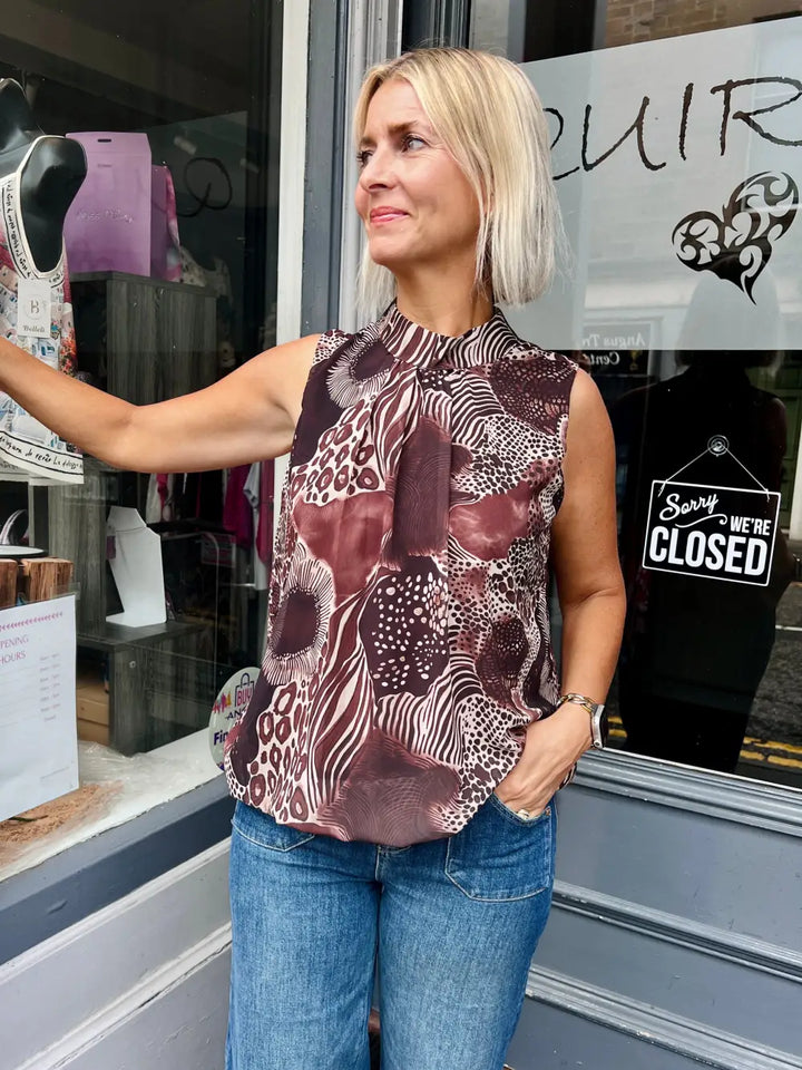 Animal Print Bubble Hem Sleeveless Blouse BROWN