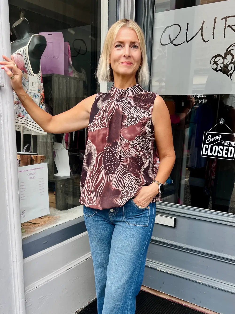 Animal Print Bubble Hem Sleeveless Blouse BROWN