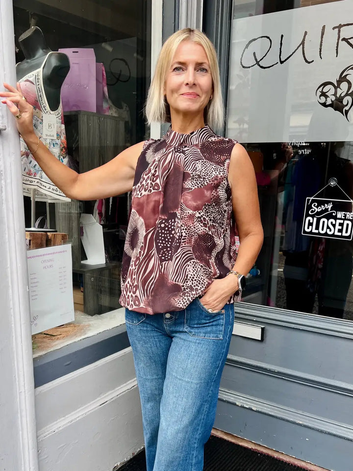 Animal Print Bubble Hem Sleeveless Blouse BROWN