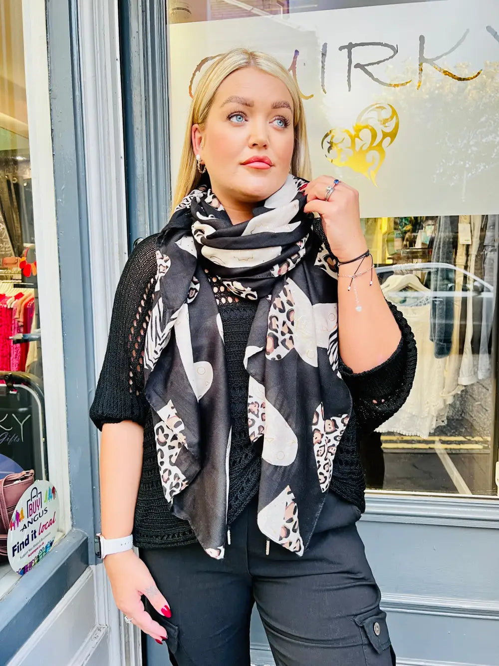 Animal Print Heart Scarf BLACK