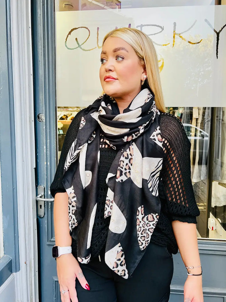 Animal Print Heart Scarf BLACK