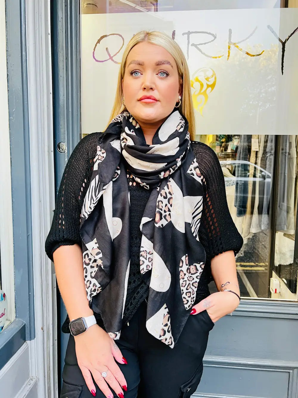 Animal Print Heart Scarf BLACK