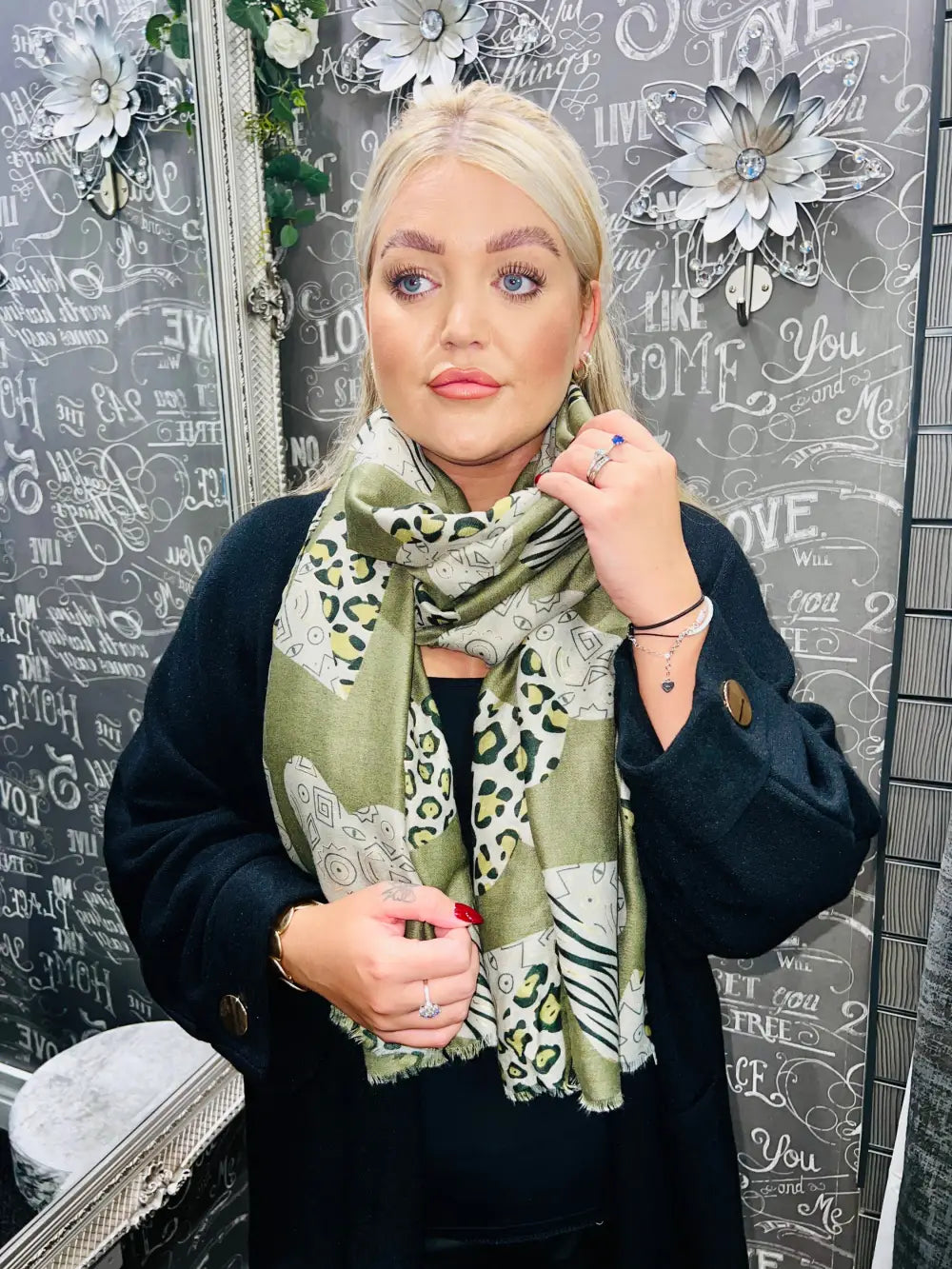 Animal Print Heart Scarf KHAKI