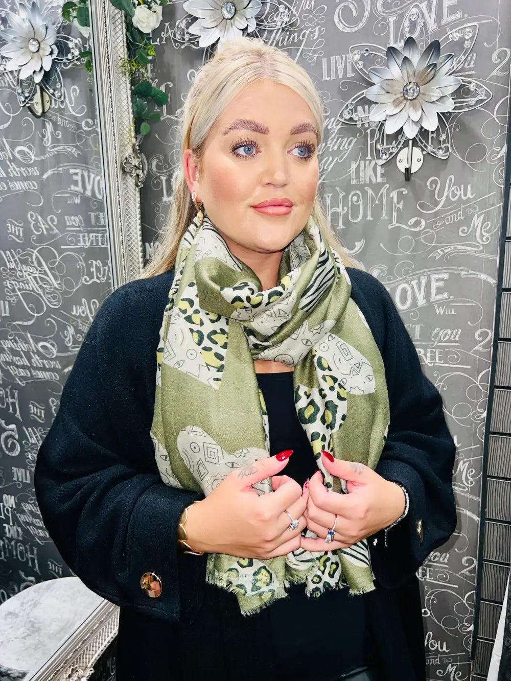 Animal Print Heart Scarf KHAKI