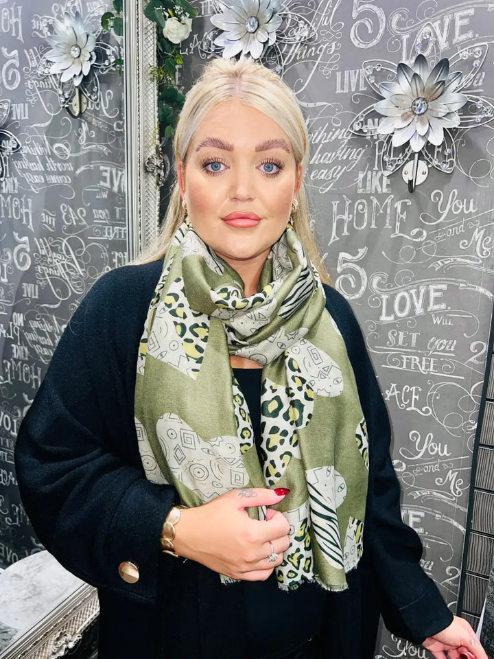 Animal Print Heart Scarf KHAKI