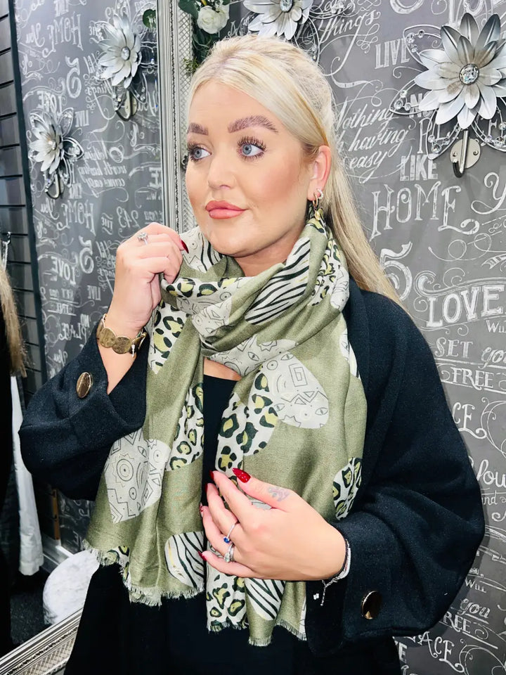Animal Print Heart Scarf KHAKI