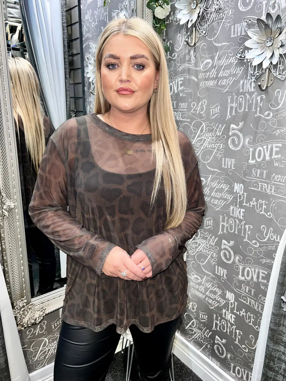 Animal Print Mesh Top BROWN