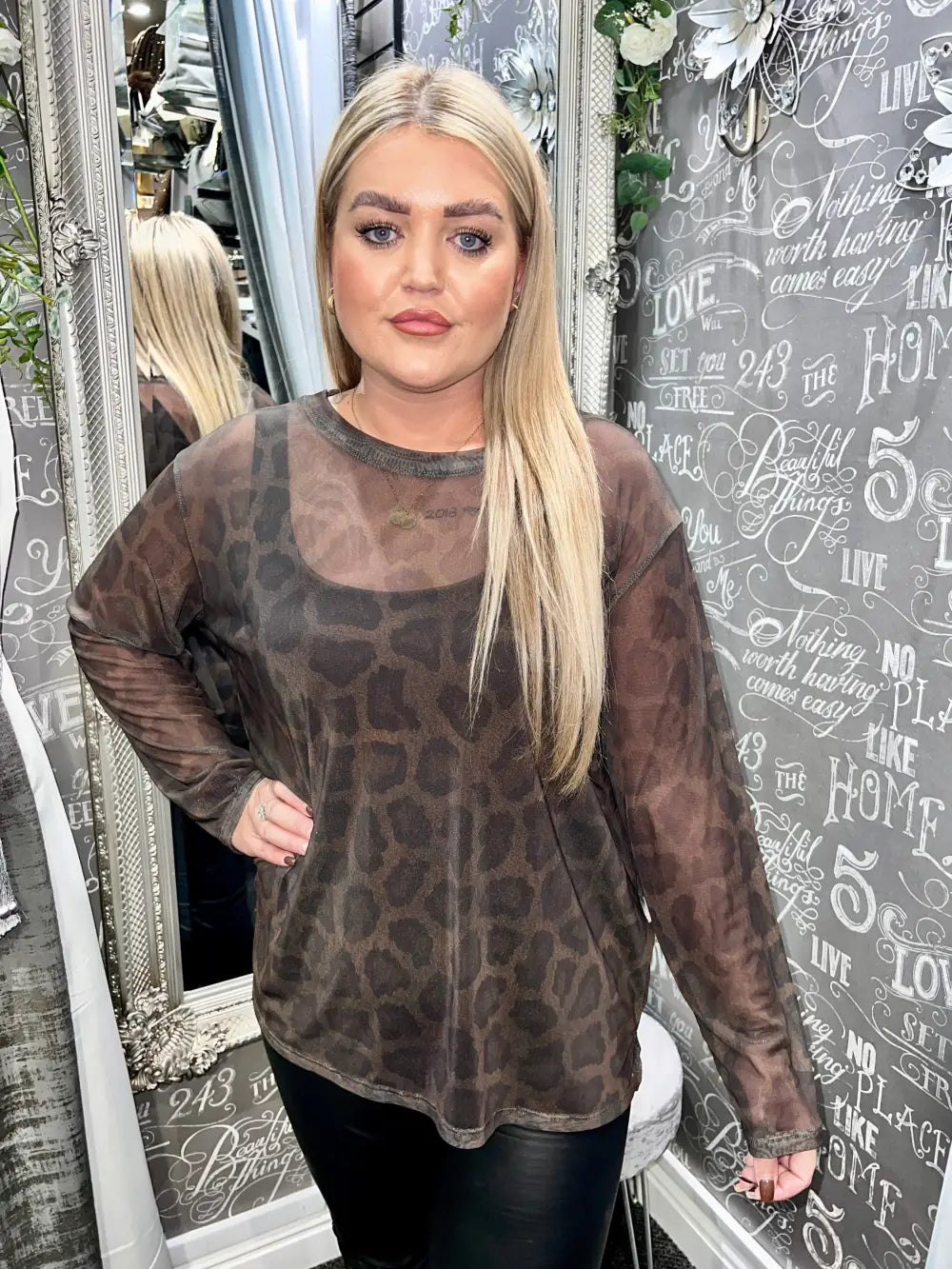 Animal Print Mesh Top BROWN