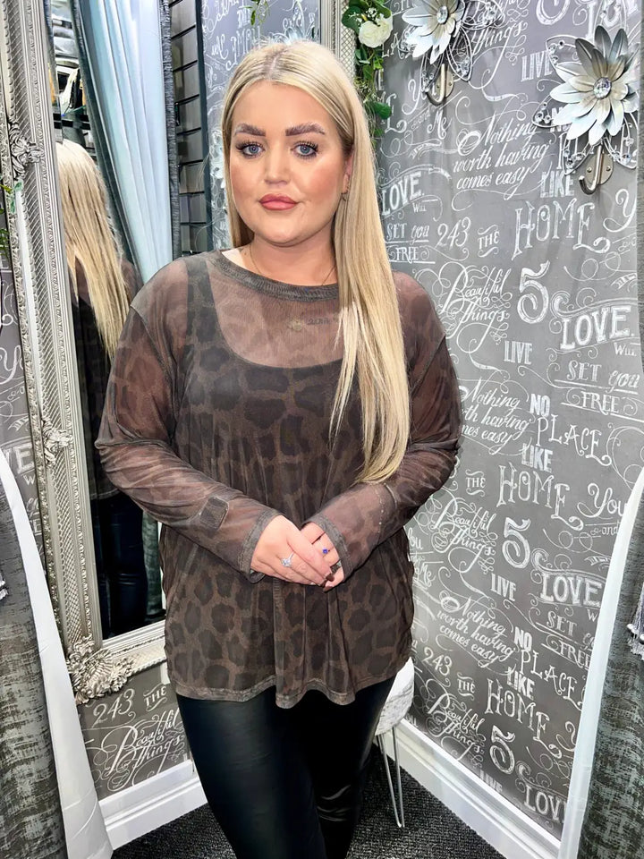 Animal Print Mesh Top BROWN