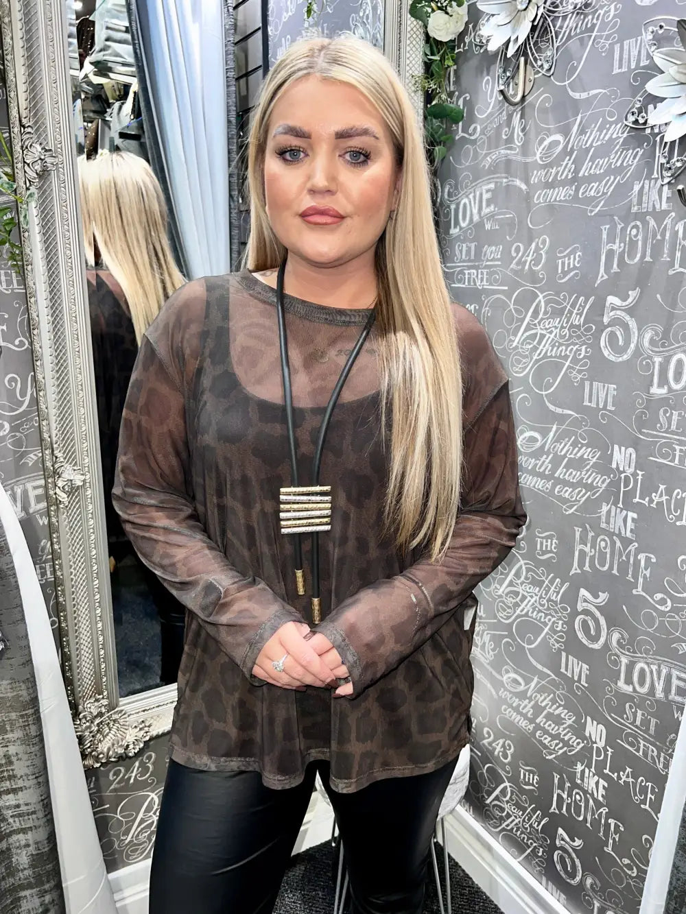 Animal Print Mesh Top BROWN