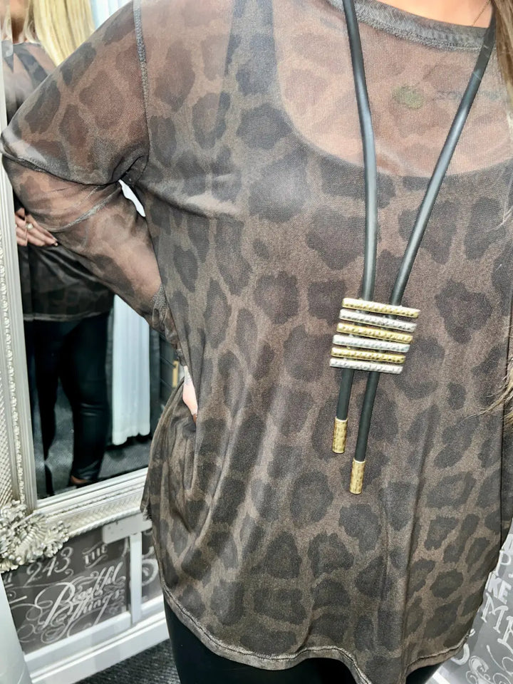 Animal Print Mesh Top BROWN