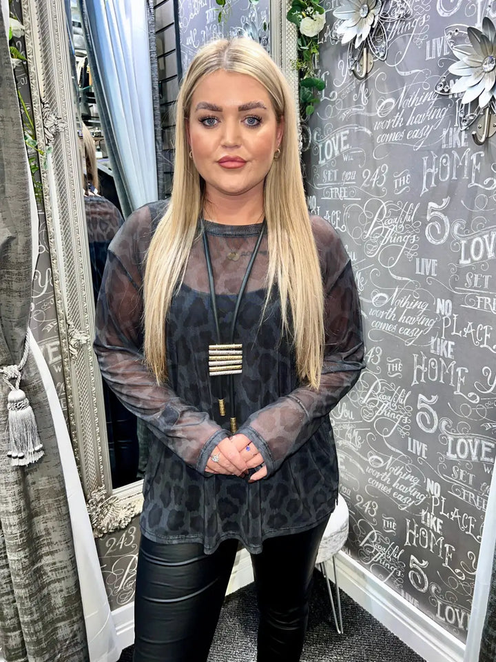 Animal Print Mesh Top CHARCOAL