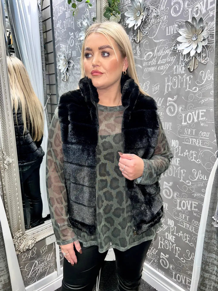 Animal Print Mesh Top CHARCOAL