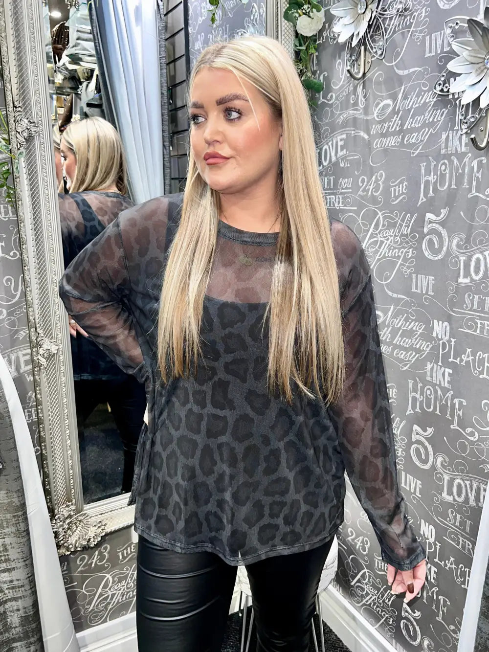 Animal Print Mesh Top CHARCOAL