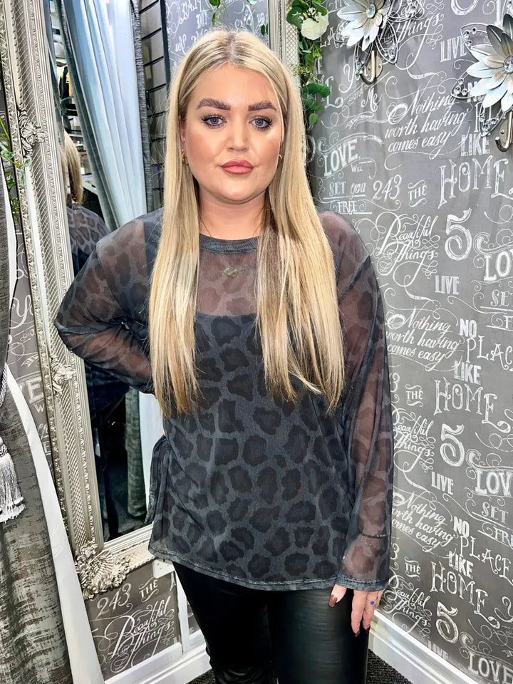 Animal Print Mesh Top CHARCOAL