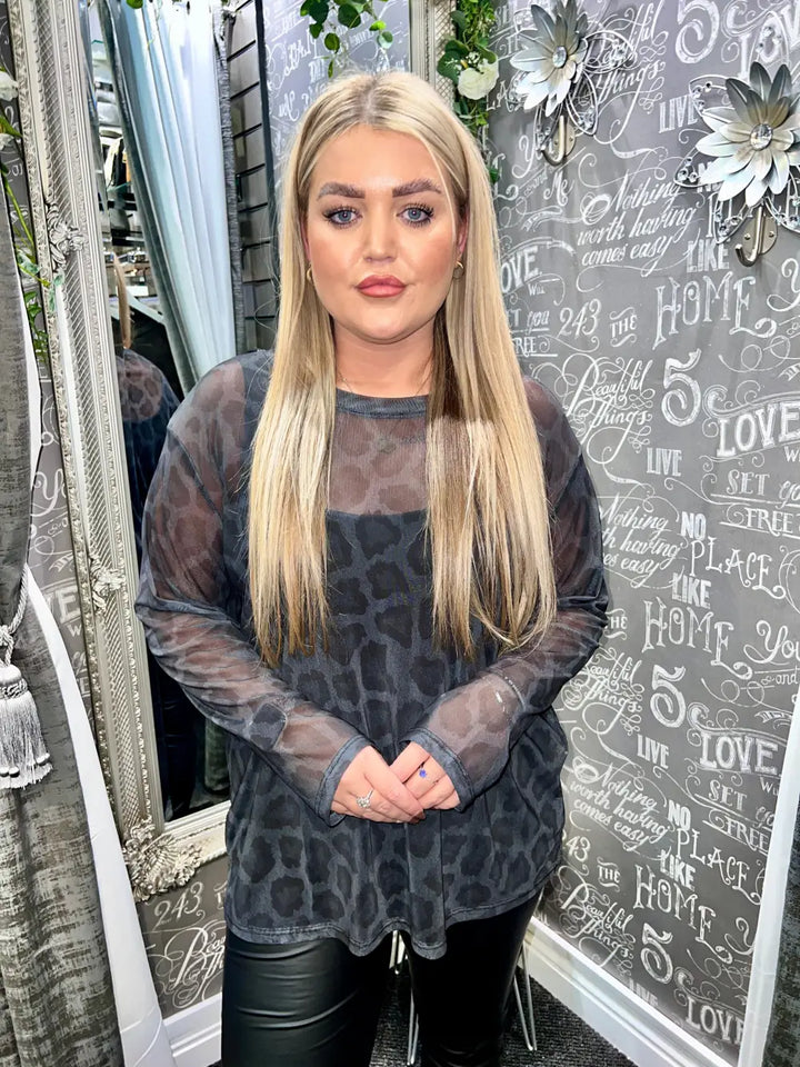 Animal Print Mesh Top CHARCOAL