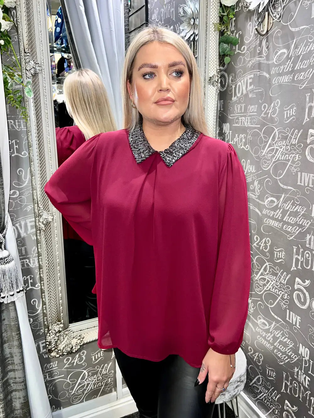 Annalise Sparkle Collar Chiffon Top WINE