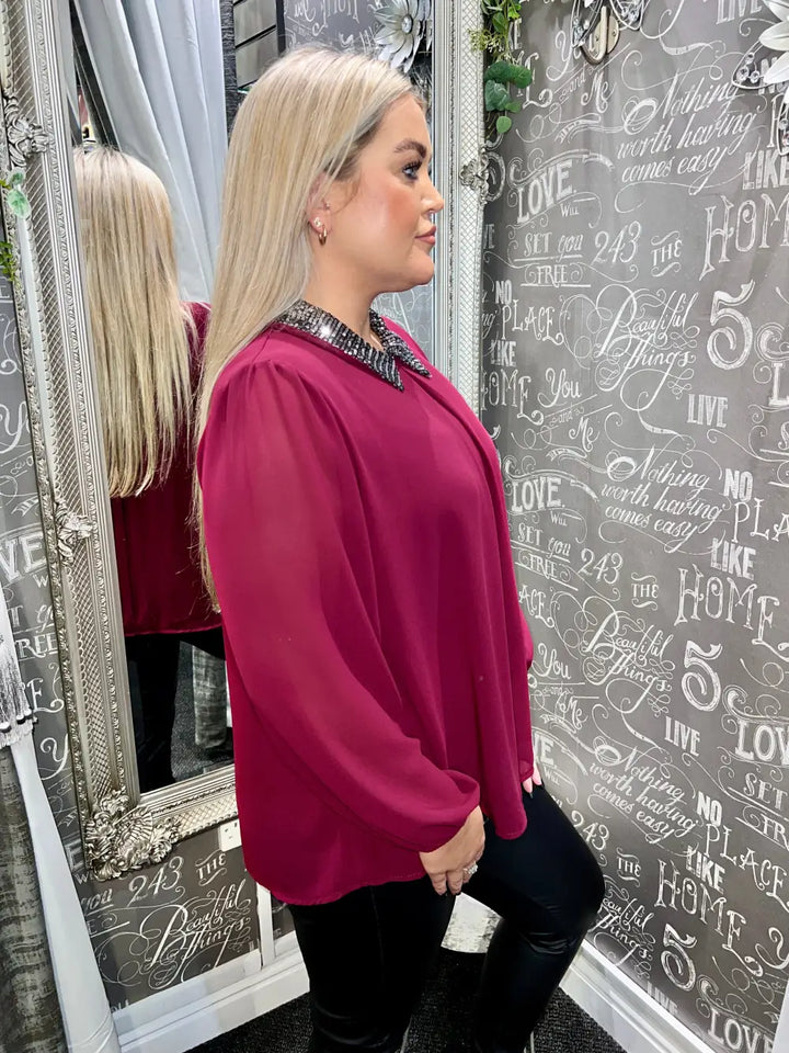 Annalise Sparkle Collar Chiffon Top WINE