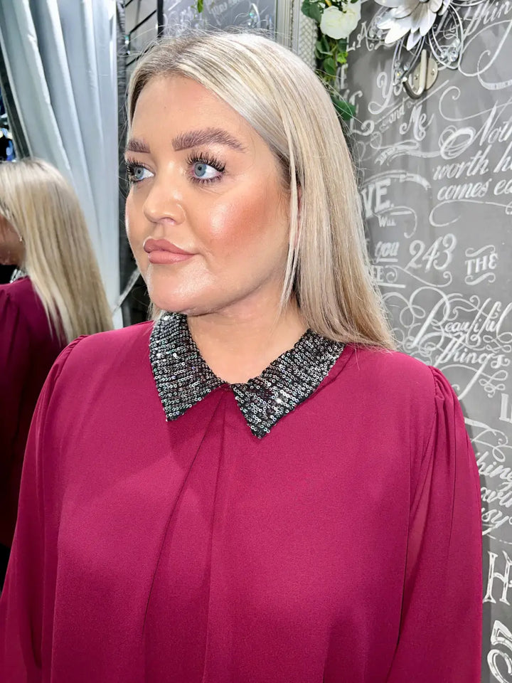 Annalise Sparkle Collar Chiffon Top WINE