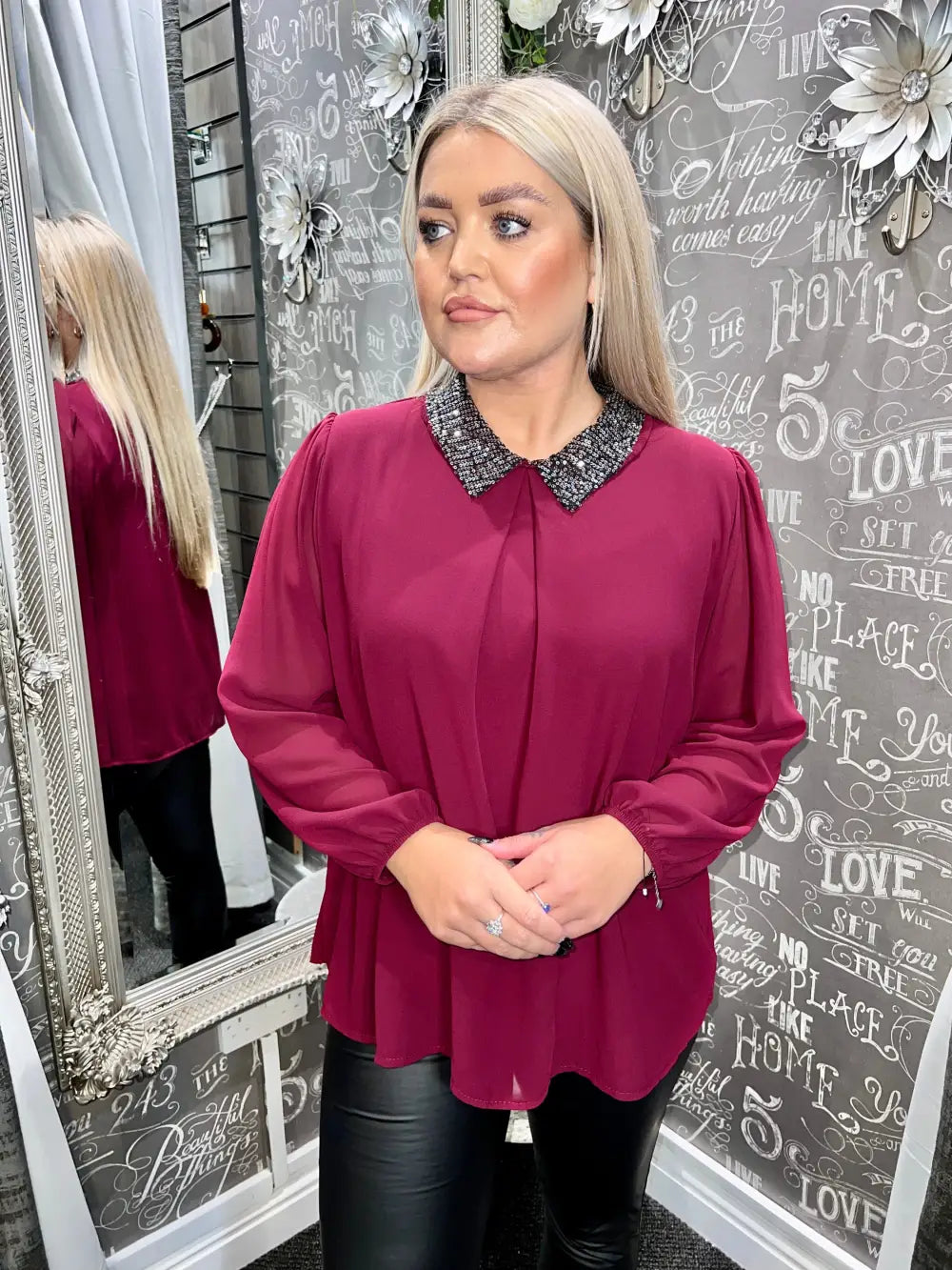 Annalise Sparkle Collar Chiffon Top WINE