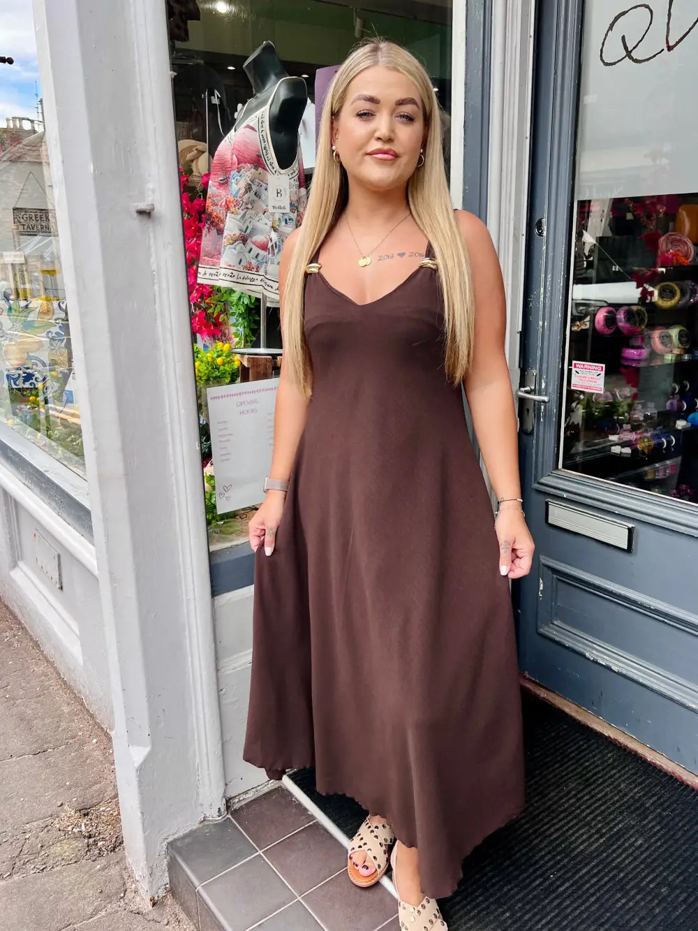 Aria Gold Buckle Maxi Dress CHOCOLATE