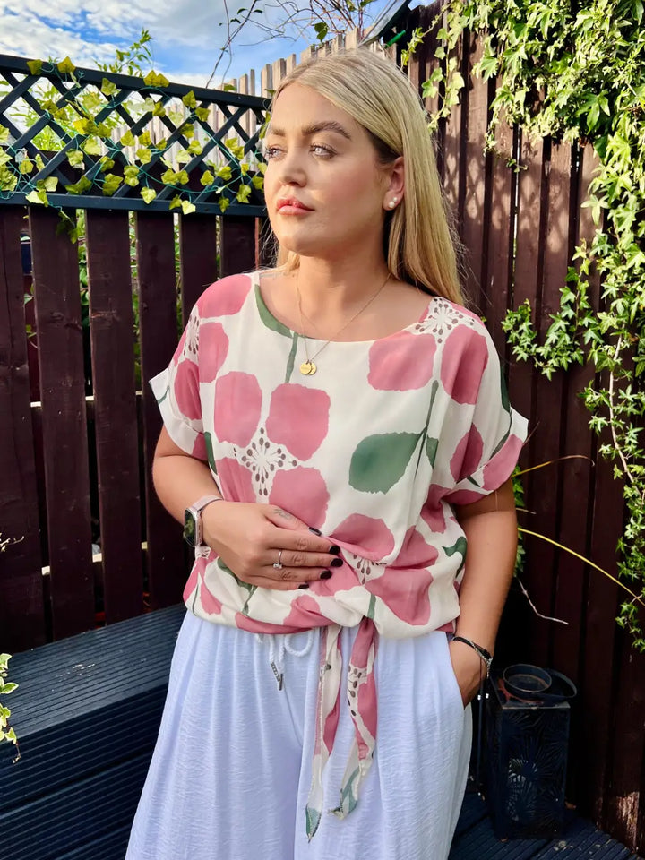 Ariana Side Tie Floral Chiffon Blouse DUSKY PINK