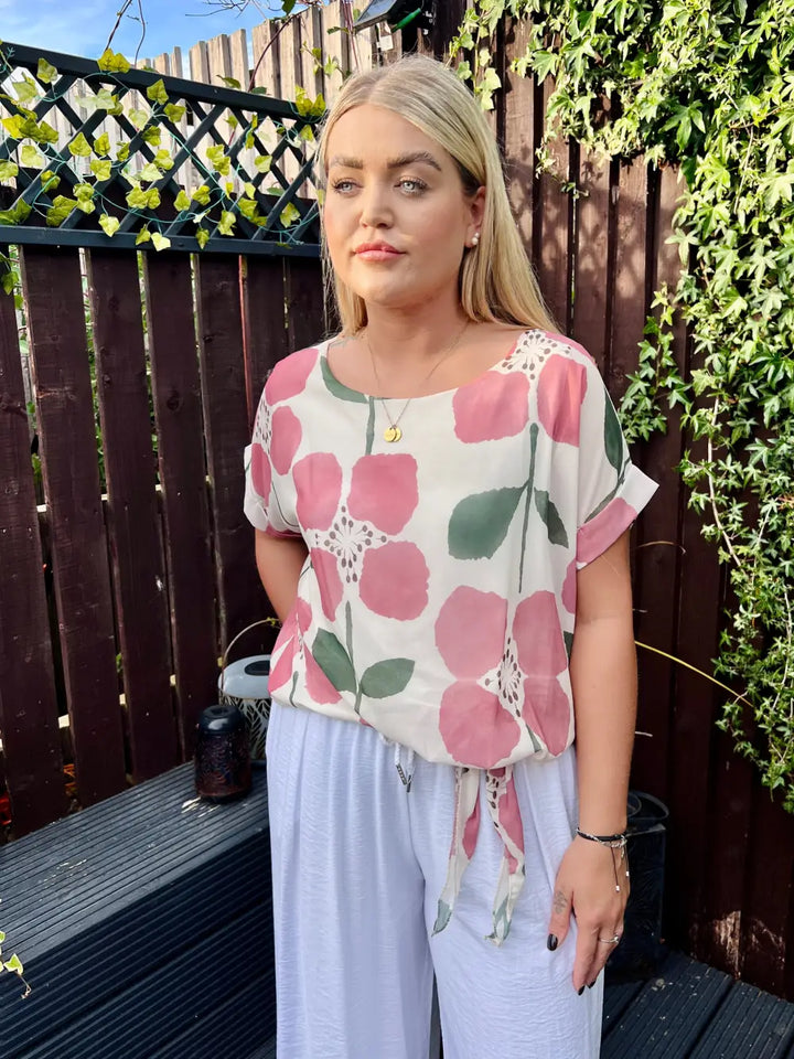 Ariana Side Tie Floral Chiffon Blouse DUSKY PINK