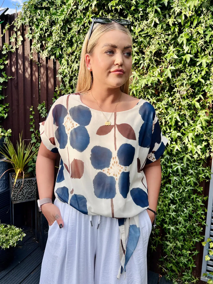 Ariana Side Tie Floral Chiffon Blouse NAVY