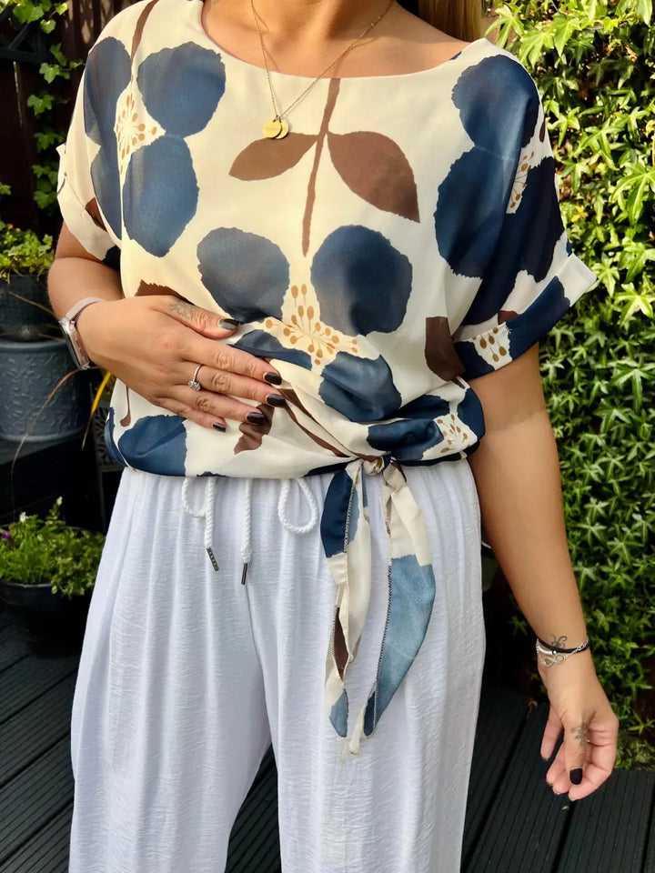 Ariana Side Tie Floral Chiffon Blouse NAVY