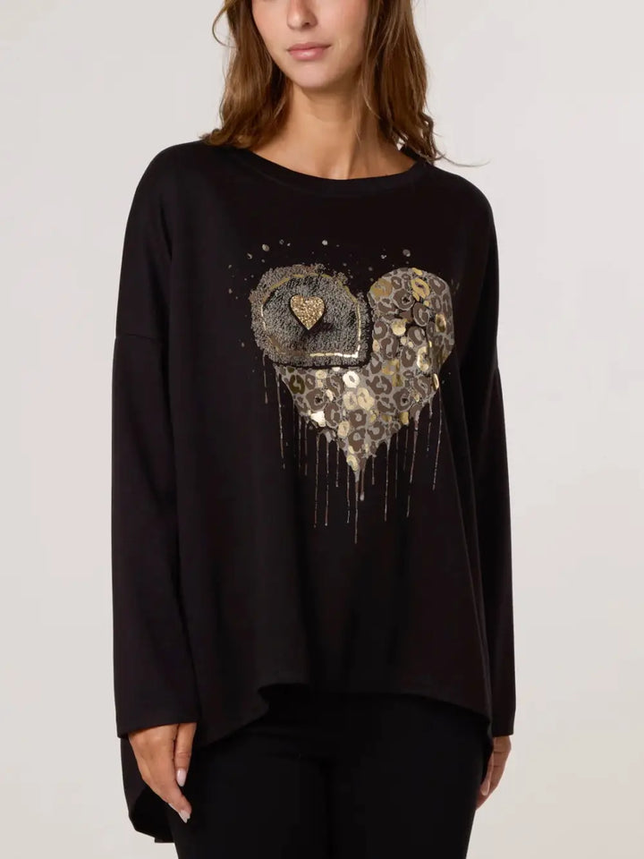 Ashley Foil Heart Print Sweatshirt BLACK