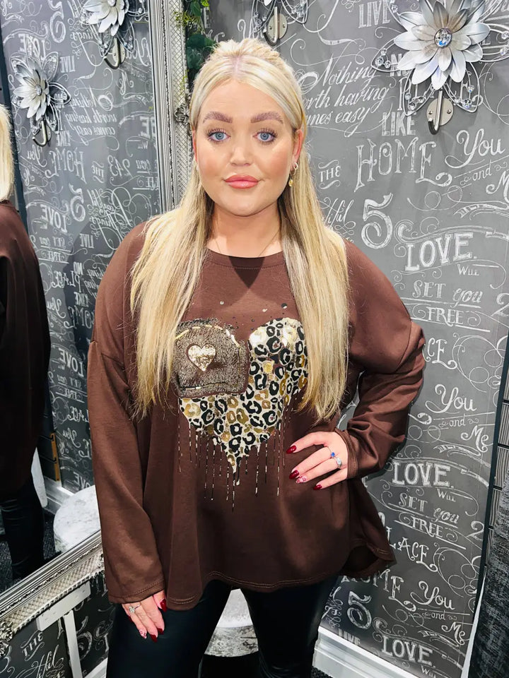 Ashley Foil Heart Print Sweatshirt CHOCOLATE