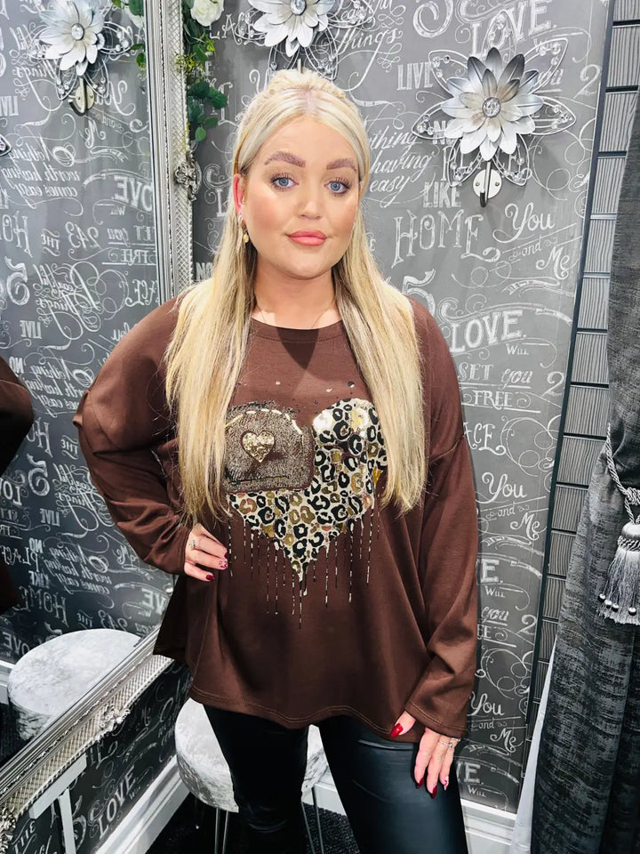 Ashley Foil Heart Print Sweatshirt CHOCOLATE