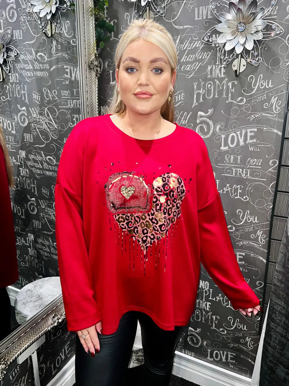 Ashley Foil Heart Print Sweatshirt DARK RED