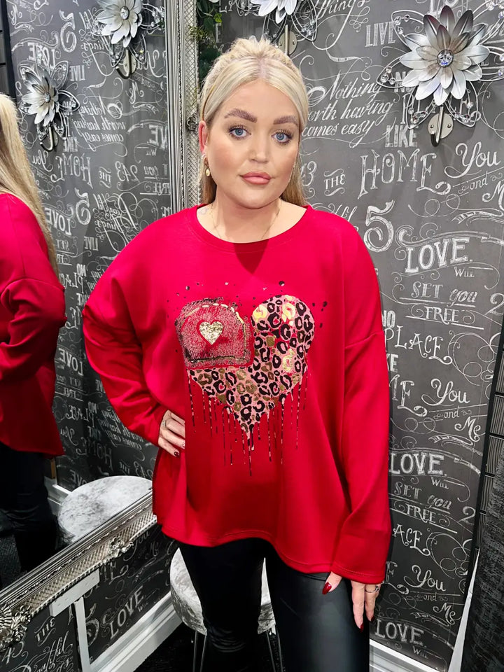 Ashley Foil Heart Print Sweatshirt DARK RED