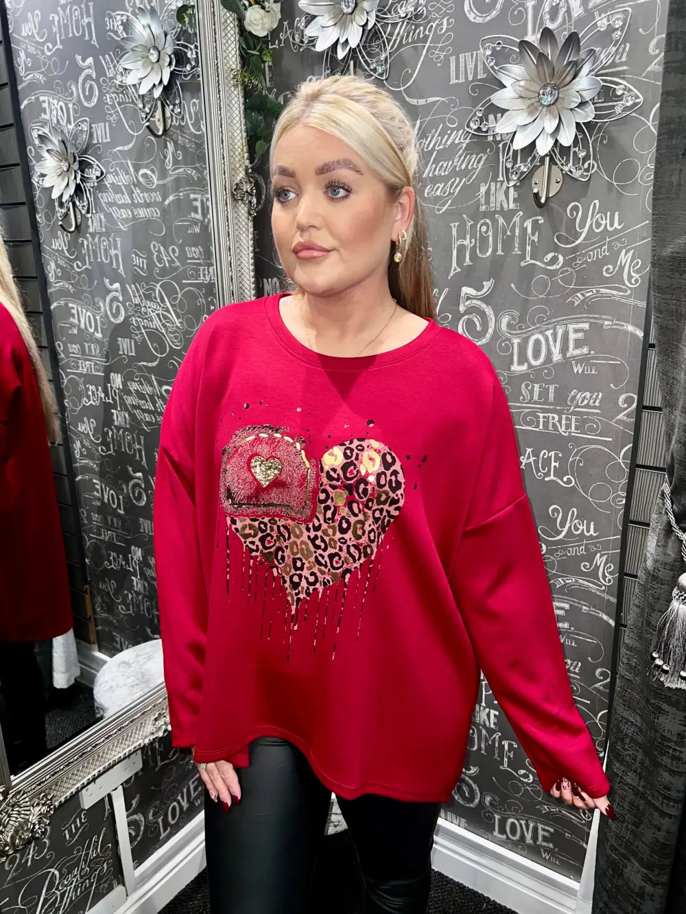 Ashley Foil Heart Print Sweatshirt DARK RED