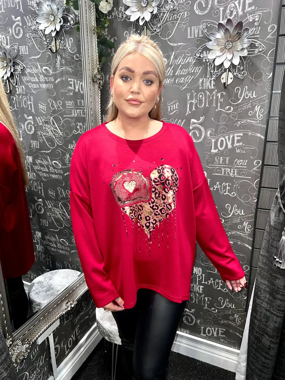 Ashley Foil Heart Print Sweatshirt DARK RED