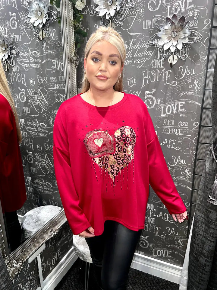 Ashley Foil Heart Print Sweatshirt DARK RED