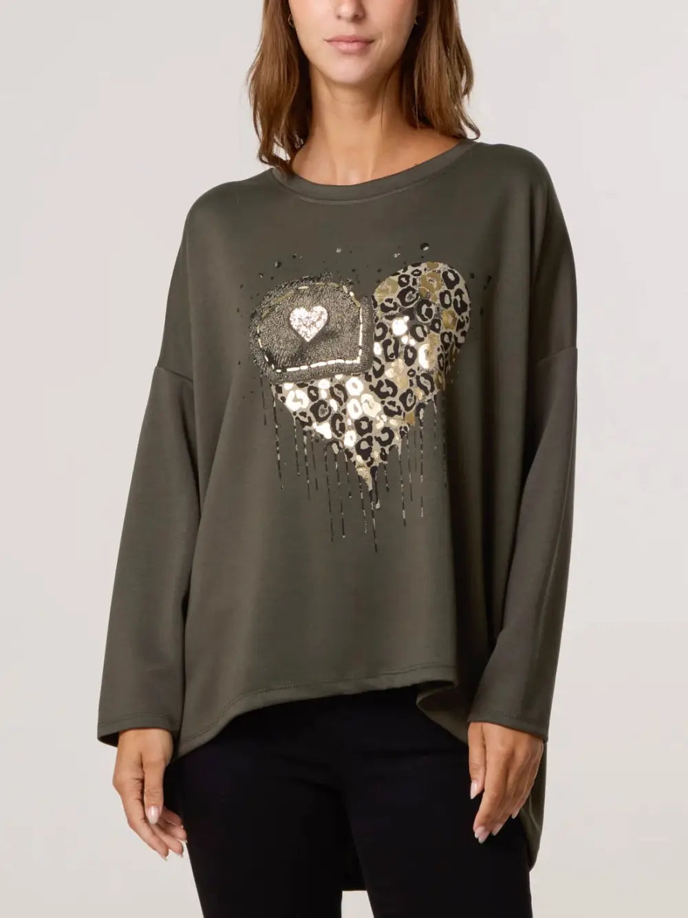 Ashley Foil Heart Print Sweatshirt KHAKI