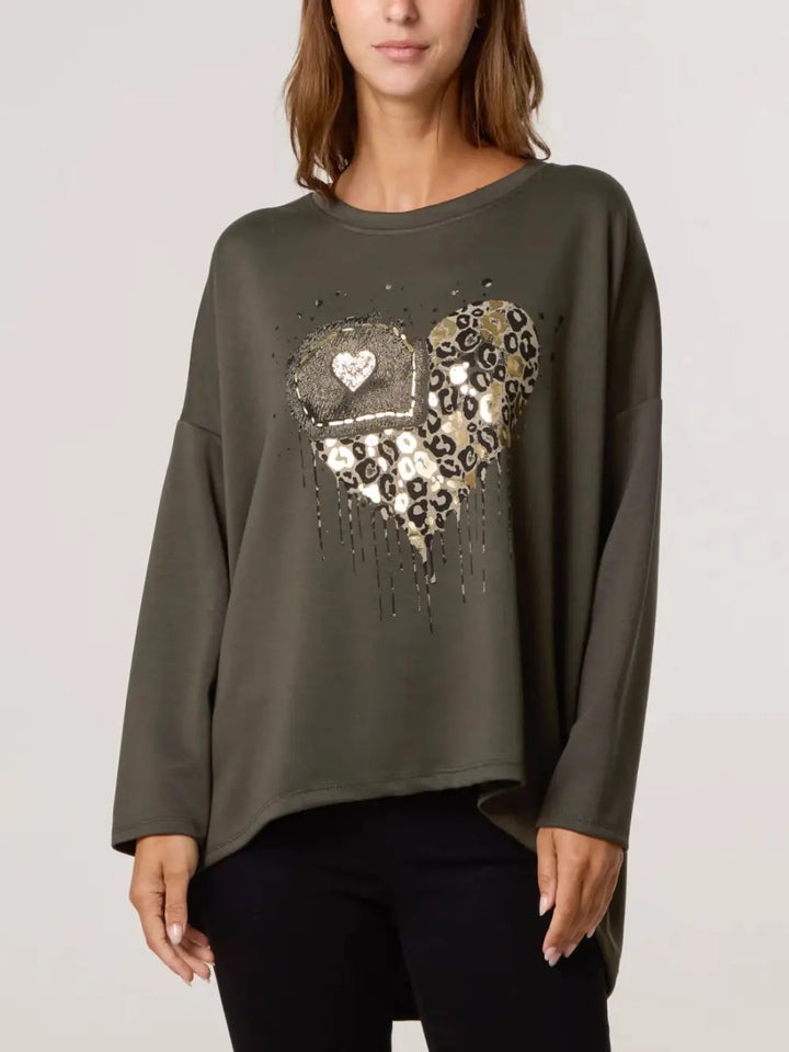 Ashley Foil Heart Print Sweatshirt KHAKI