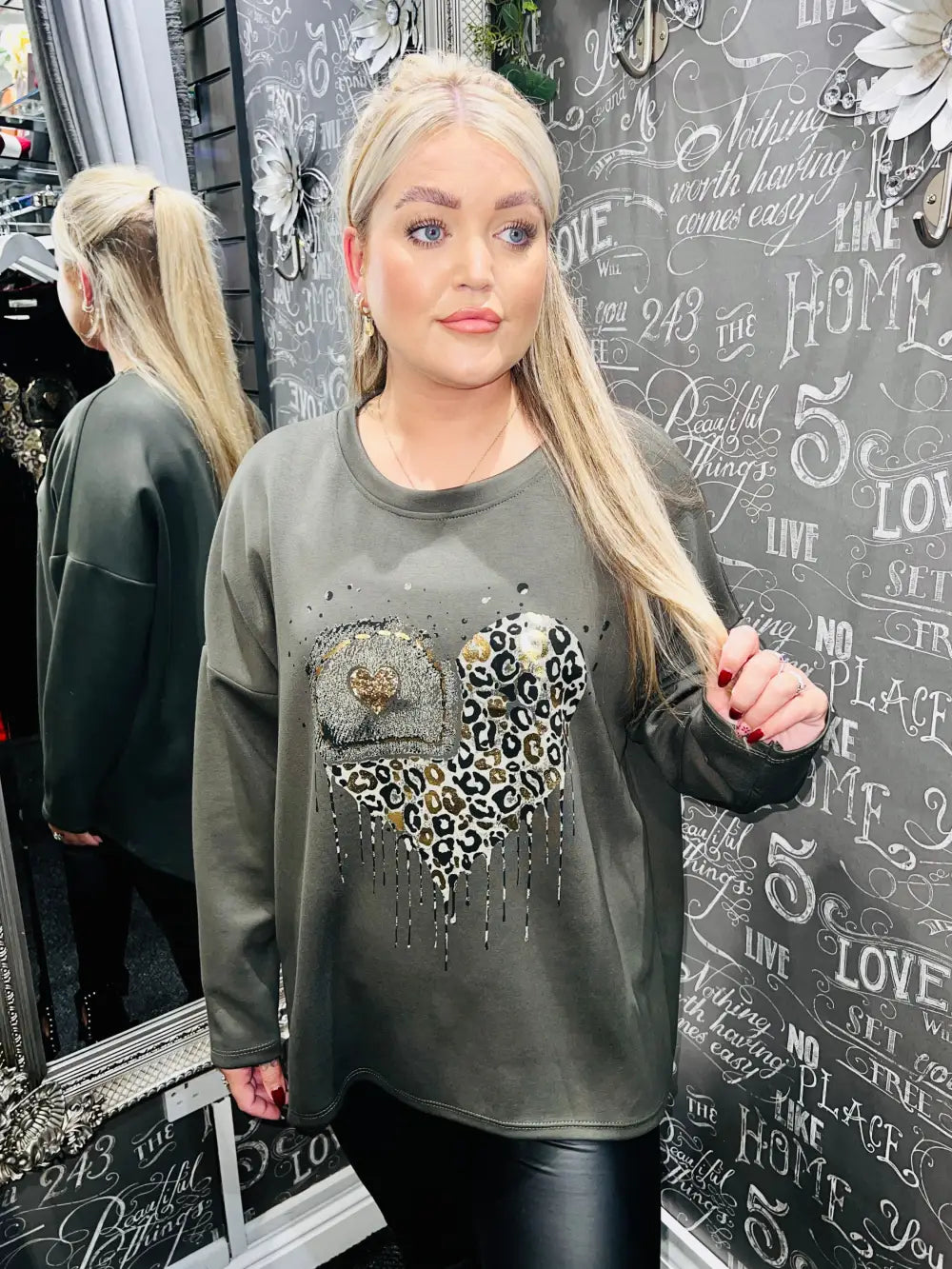 Ashley Foil Heart Print Sweatshirt KHAKI