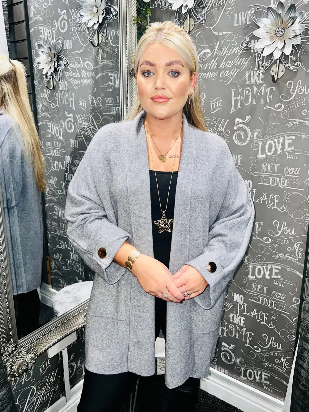 Astelle Gold Button Sleeve Coatigan GREY