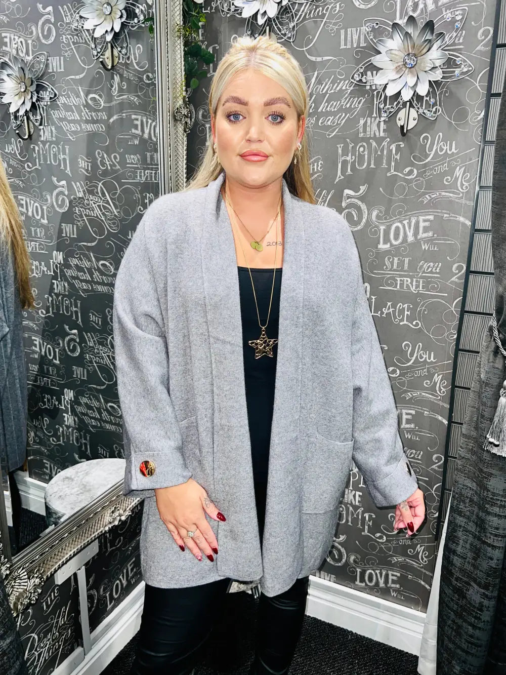 Astelle Gold Button Sleeve Coatigan GREY