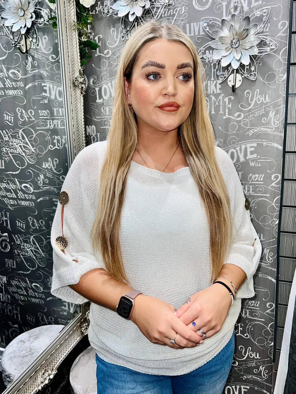 Billie Gold Button Sleeve Knit WHITE