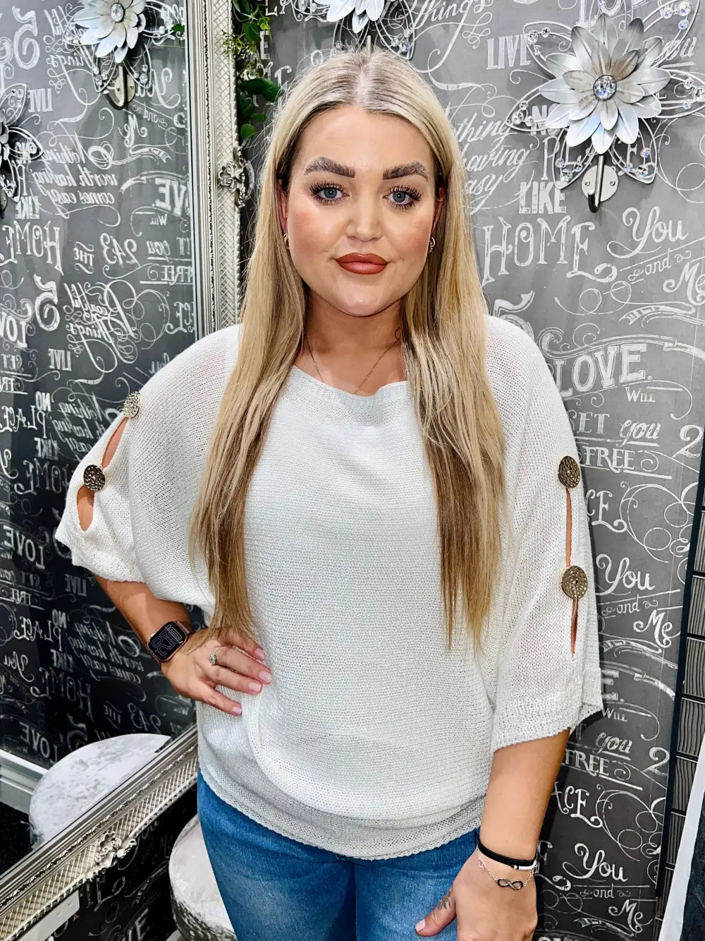 Billie Gold Button Sleeve Knit WHITE