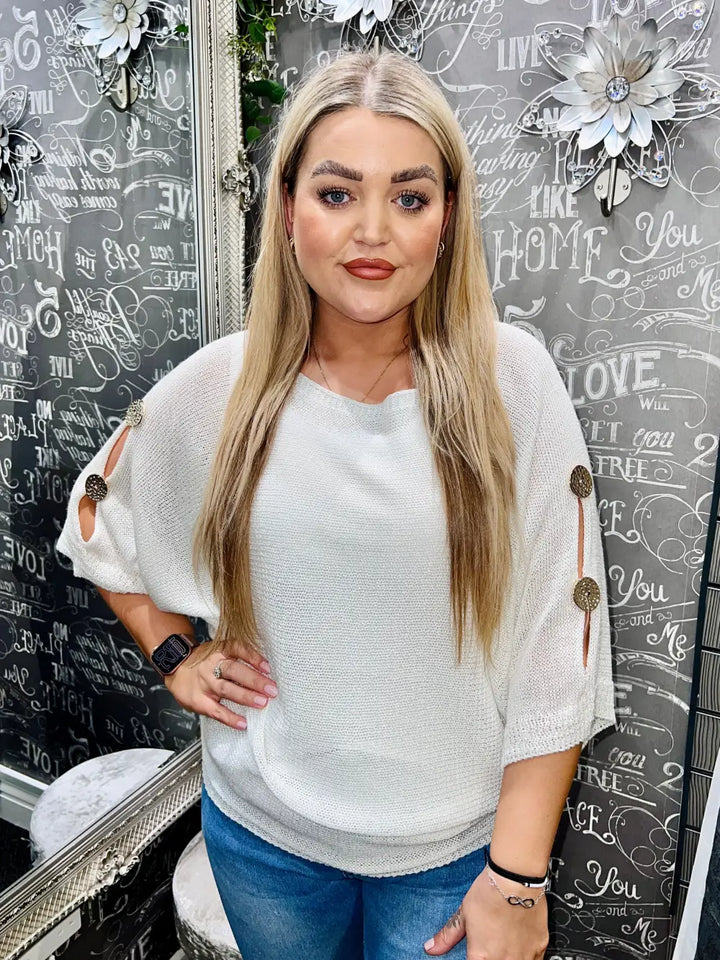 Billie Gold Button Sleeve Knit WHITE