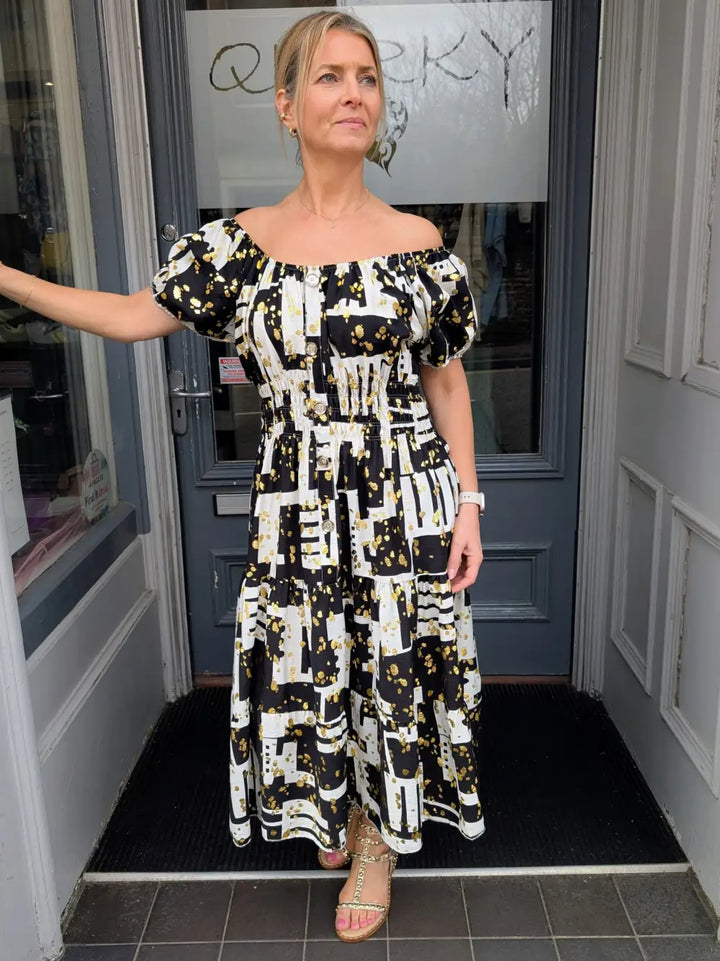 Brianna Gold Foil Bardot Midi Dress BLACK